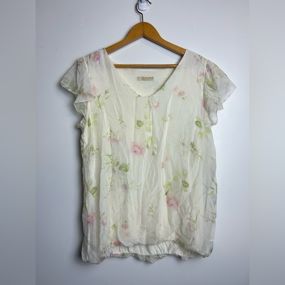 Y2K Giusy Made in Italy Top‎ Blouse L 100% Silk Floral Lightweight Butter White